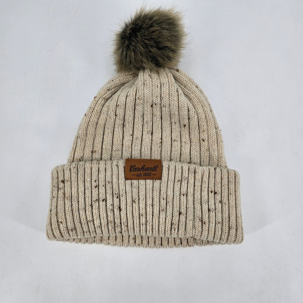 Carhartt Women's Wool Blend Faux Fur Pom Beanie Oatmeal Speckled Workwear